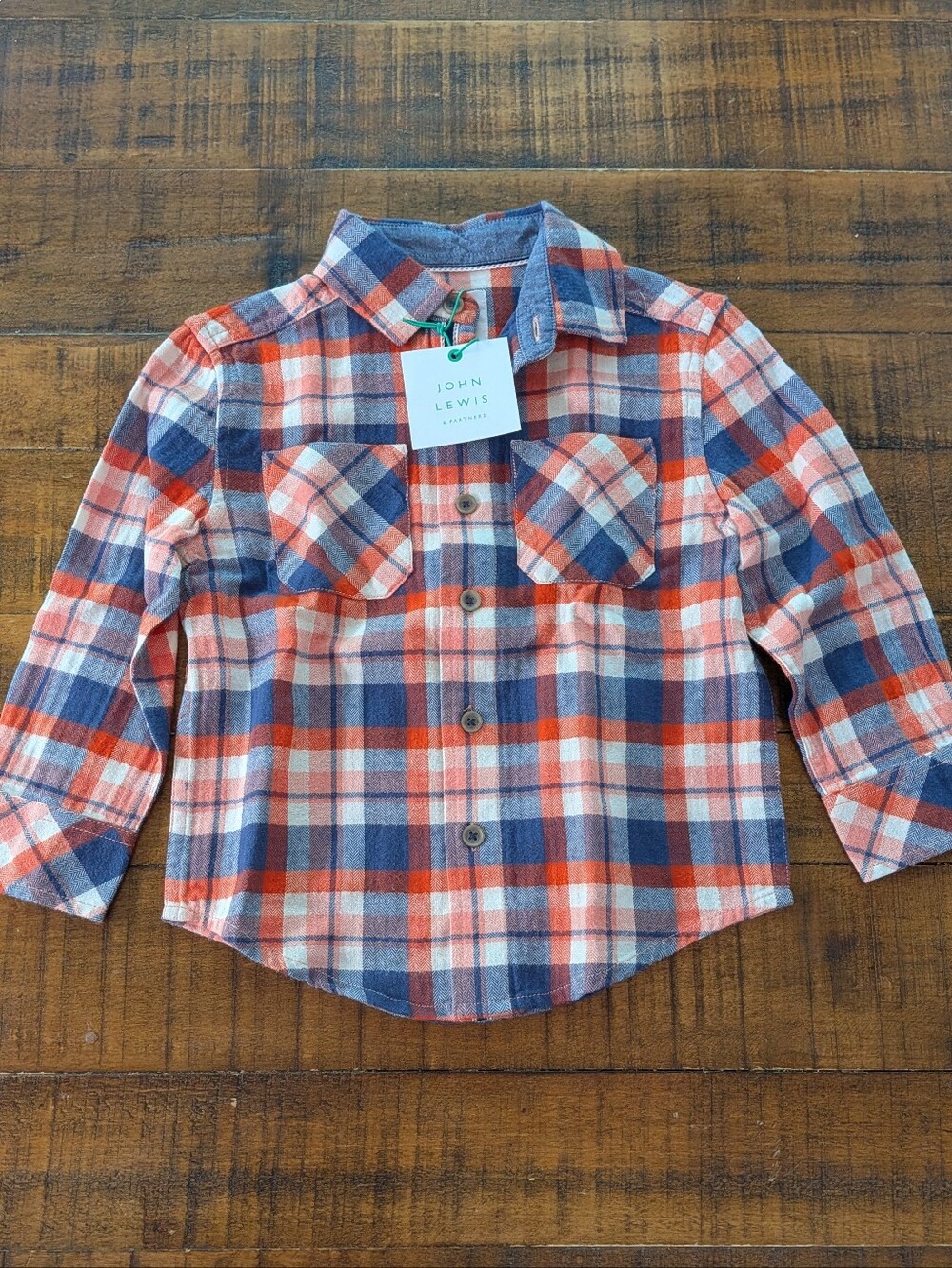 John Lewis Boys' Orange & Navy Plaid Button-Down Flannel Shirt 3T NWT